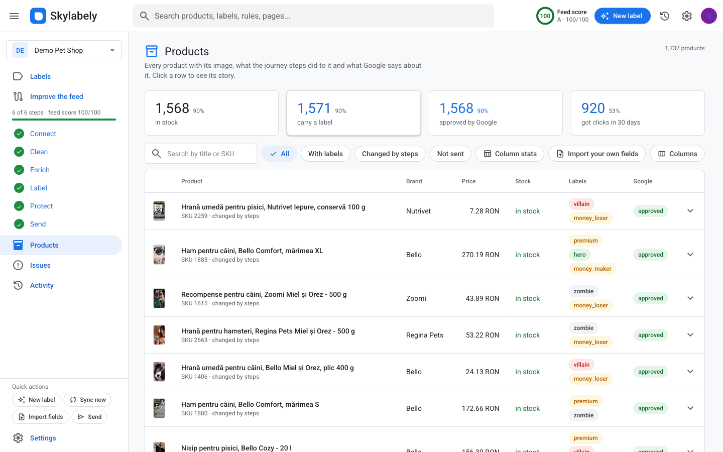 The product table with labels, Google’s verdict and columns you picked