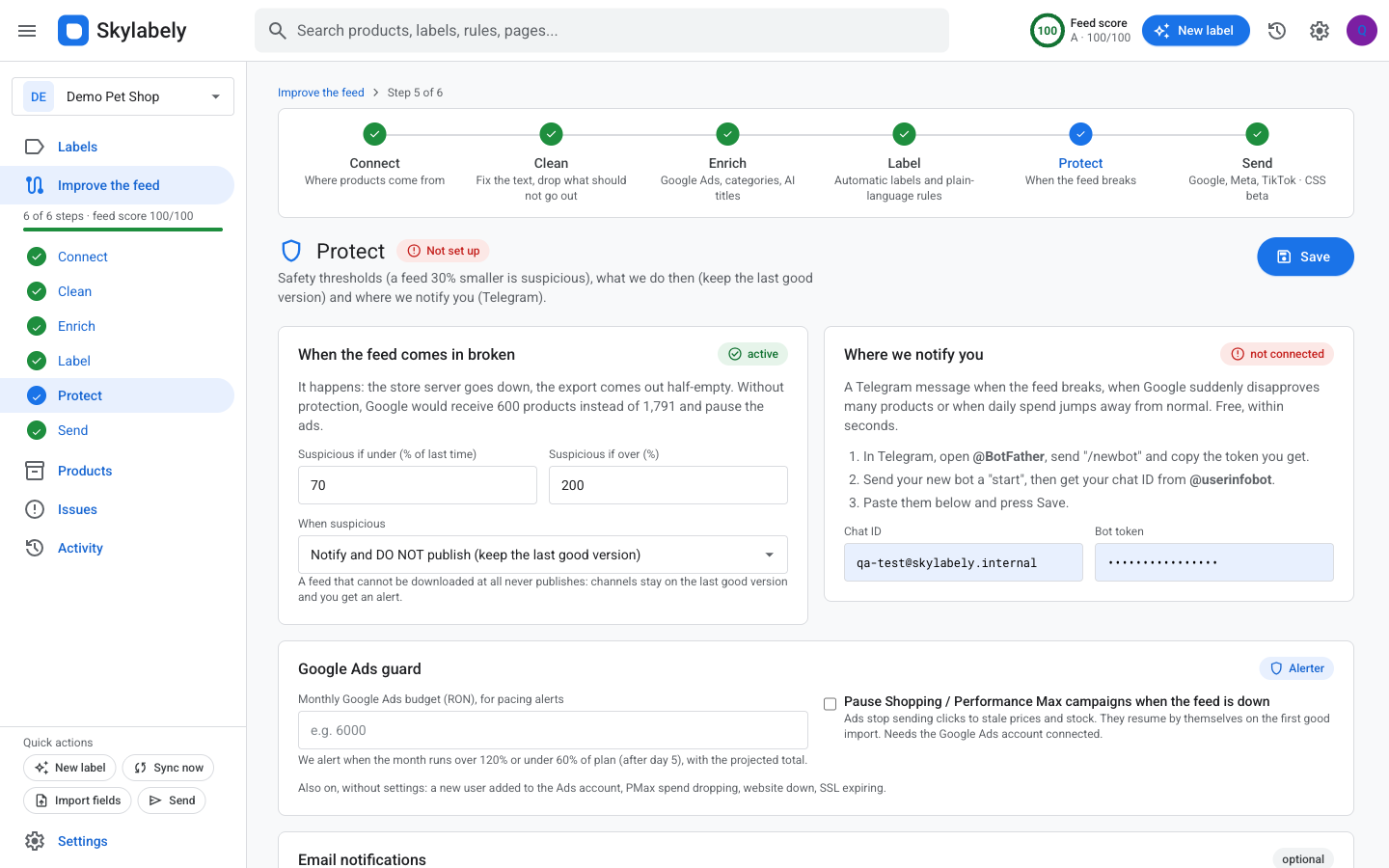 Protect: thresholds, last good version, alerts by email and Telegram, Google Ads guard