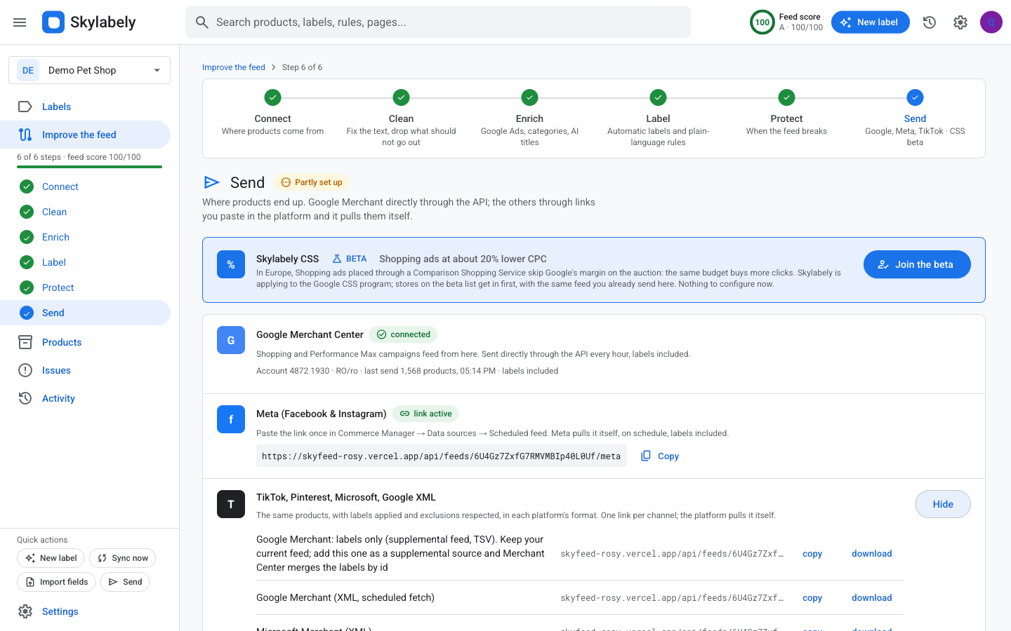 Send: Google Merchant connected, feed links for every channel